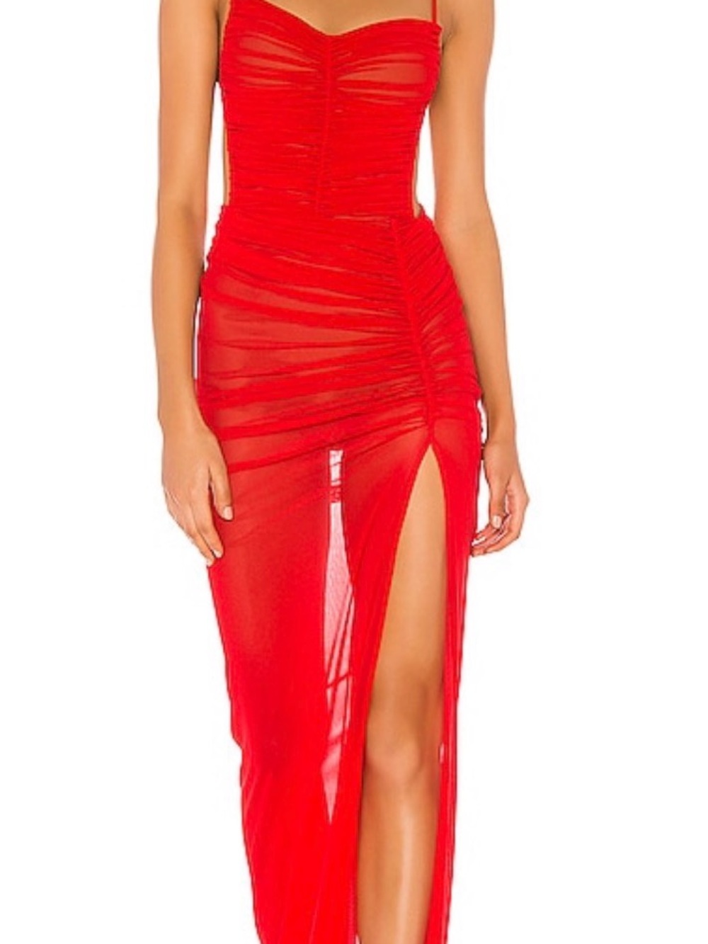 Michael Costello Red Sheer Ruched Prom Dress with High Slit